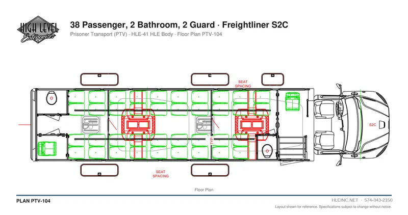 Floor plan PTV-104: 38 Passenger, 2 Bathroom, 2 Guard