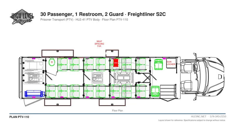 Floor plan PTV-110: 30 Passenger, 1 Restroom, 2 Guard