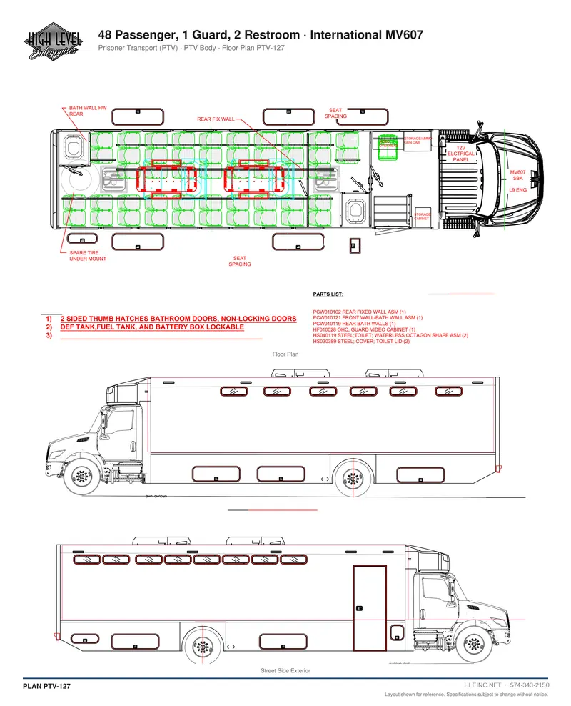 Floor plan PTV-127: 48 Passenger, 1 Guard, 2 Restroom