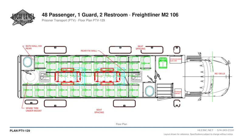 Floor plan PTV-129: 48 Passenger, 1 Guard, 2 Restroom