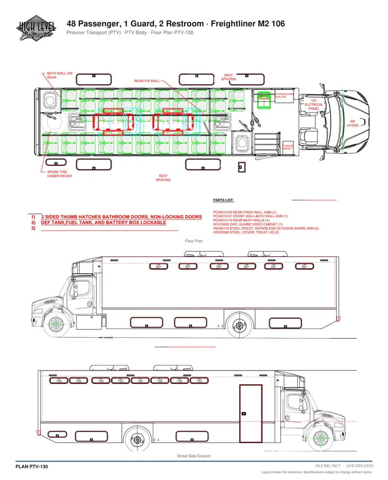 Floor plan PTV-130: 48 Passenger, 1 Guard, 2 Restroom