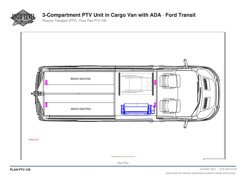 Floor plan PTV-139: 3-Compartment PTV Unit in Cargo Van with ADA