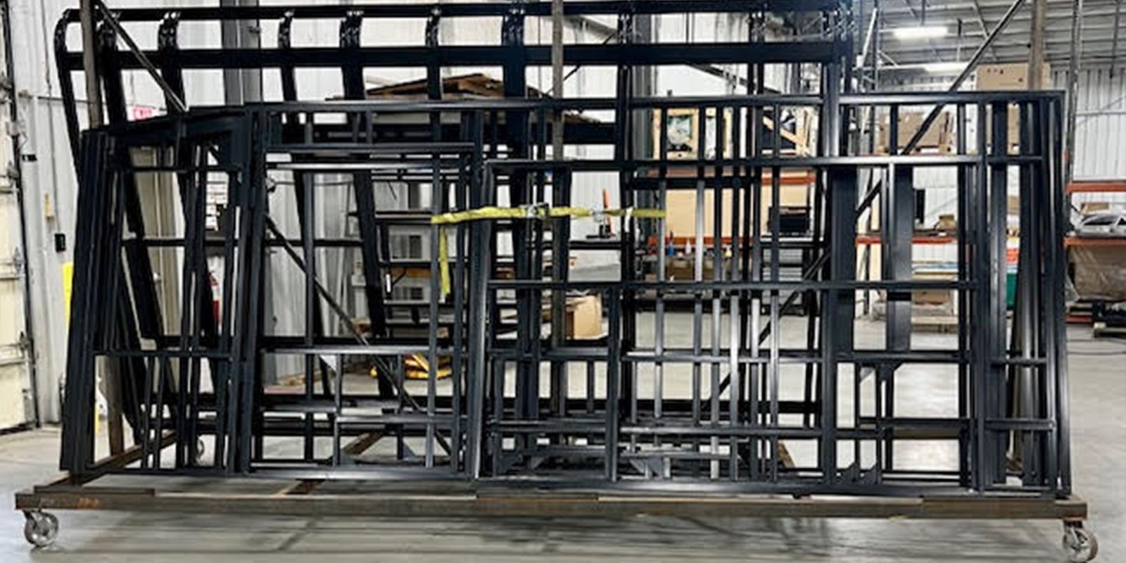 Powder-coated frame components on the rack