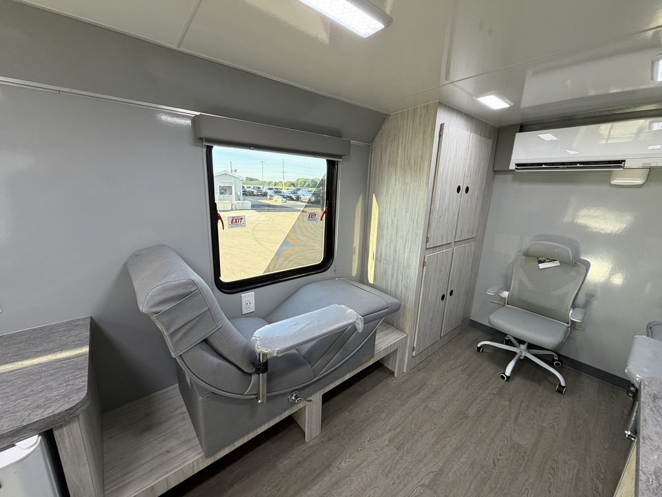 Bloodmobile donor chairs and storage cabinets
