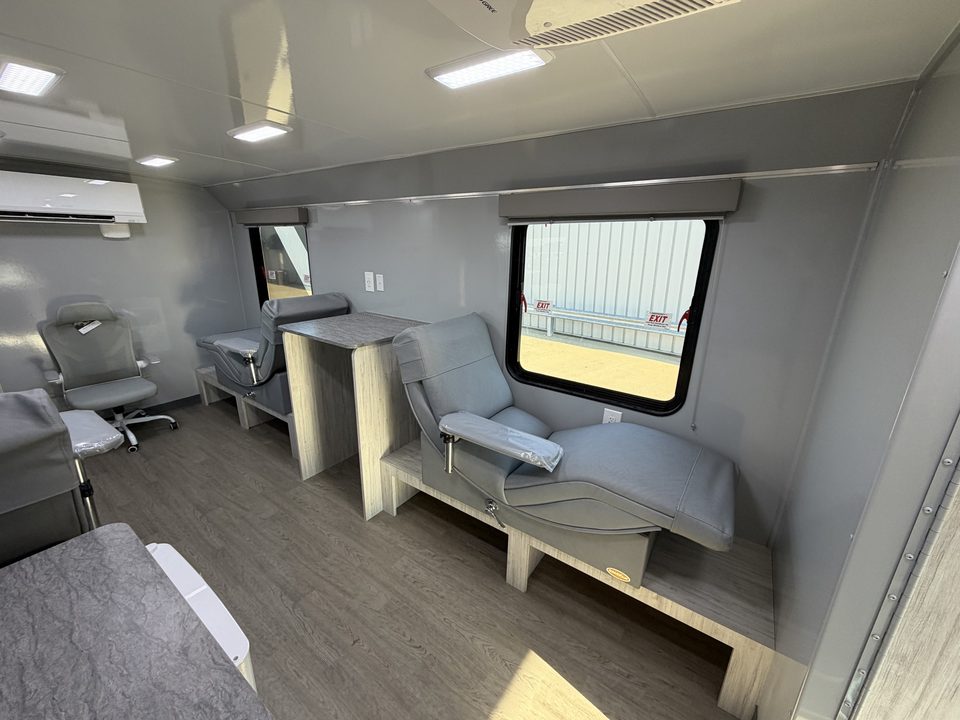 Bloodmobile interior: donor chair, counter and window