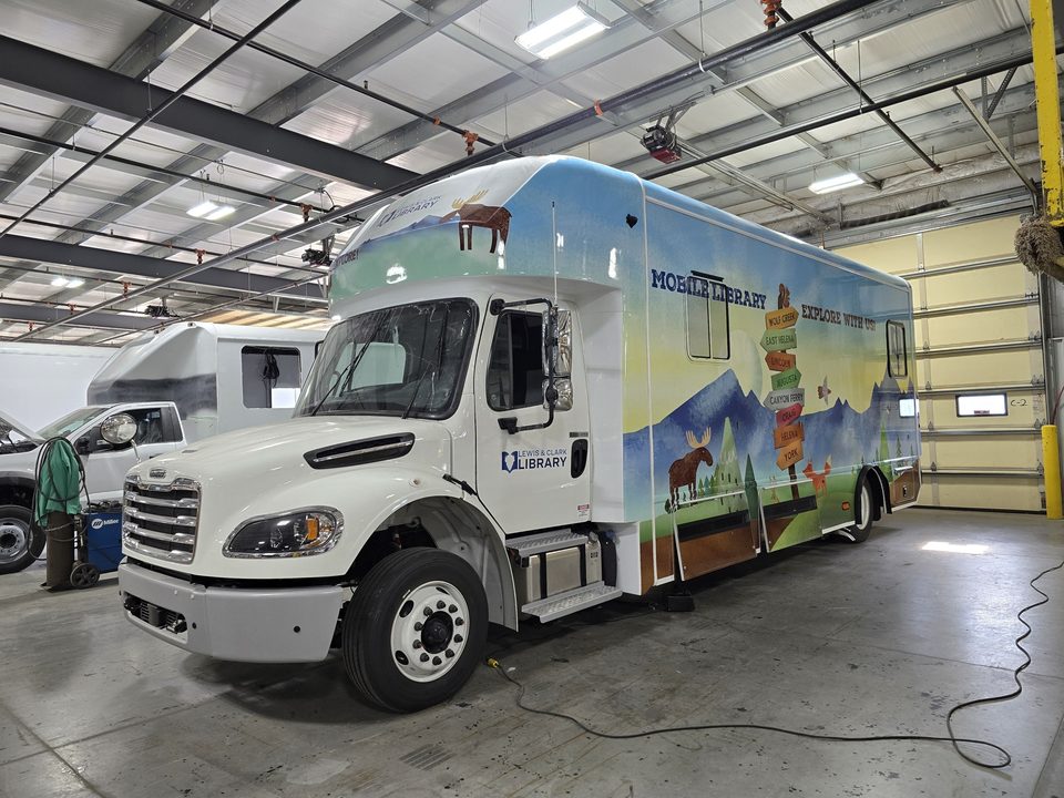 Bookmobile, driver side, wrapped