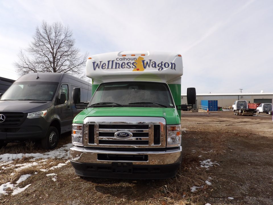 Wellness Wagon, front, green wrap over the cab