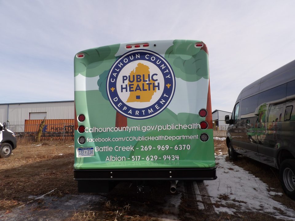 Wellness Wagon, rear, Calhoun County Public Health seal
