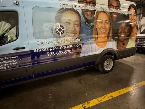 Counseling van, driver side, wrap with The Encompassing Center lettering