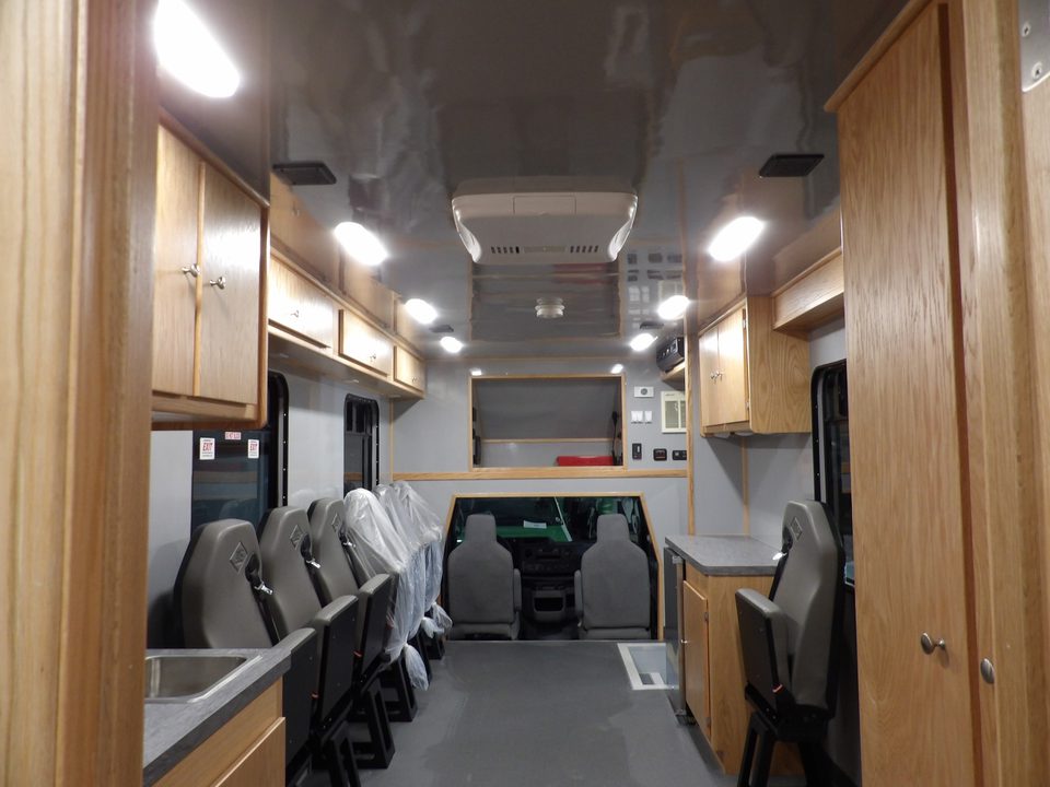 Mobile office interior looking forward