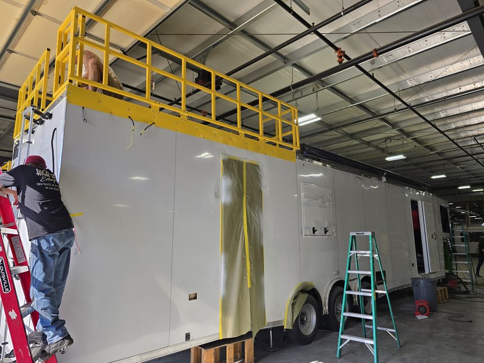 Command trailer roof observation deck with railing, in production