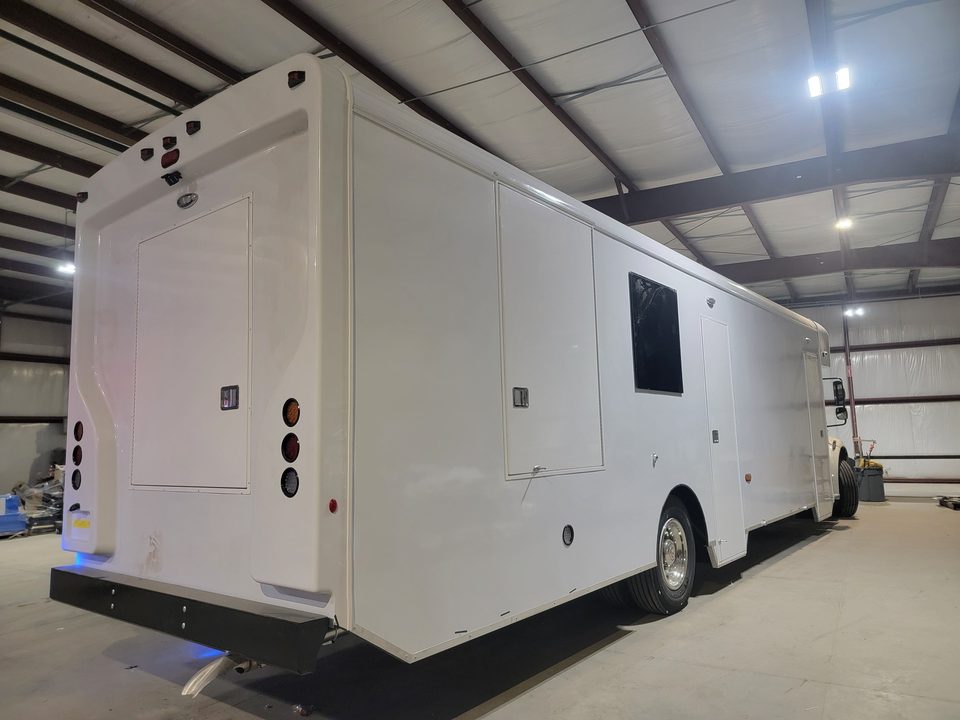 Mobile voting unit body in production, rear three-quarter
