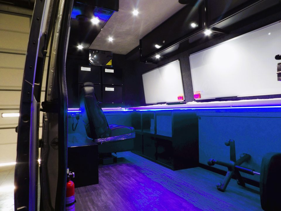 Workstation counter, displays and blue LED lighting inside the command unit