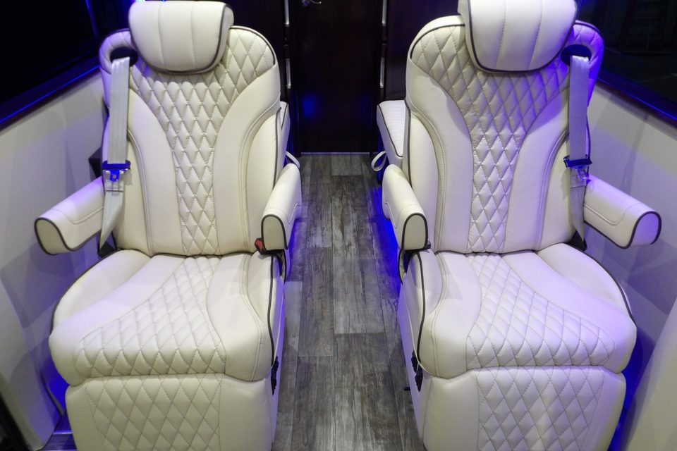 Sprinter interior: two captain chairs, quilted leather, LED accent lighting