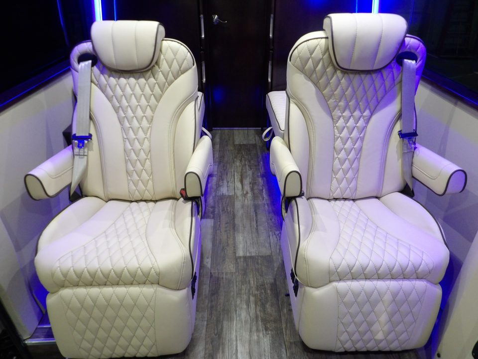 Sprinter interior: two captain chairs, quilted leather, LED accent lighting