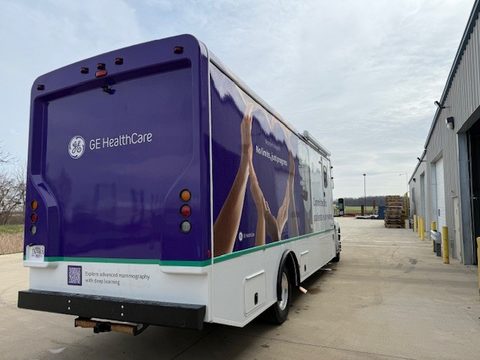 Mammography unit, rear three-quarter, purple wrap