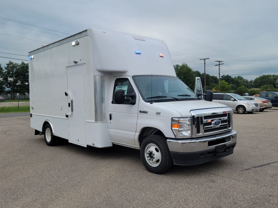 White Ford E-450 cutaway command unit, front three-quarter, before lettering