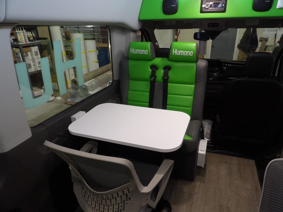 Dinette table and bench seat looking forward