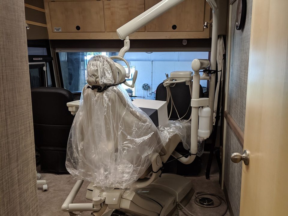 Dental chair inside a mobile medical unit
