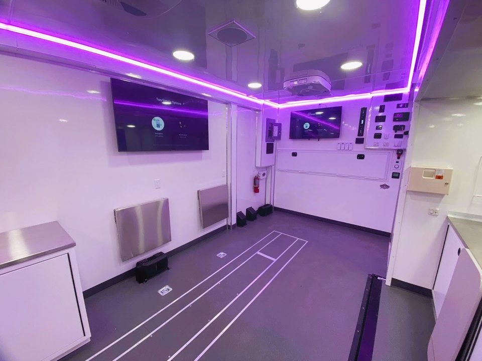Mobile lab interior looking aft, work surfaces both sides