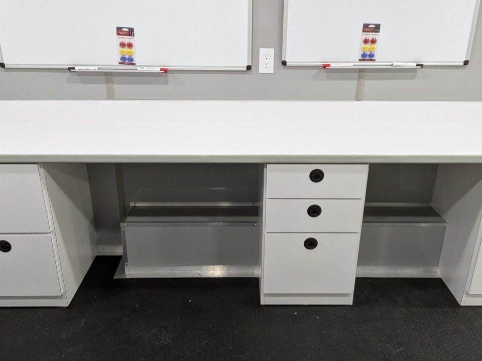 Command trailer desk with drawers and whiteboard