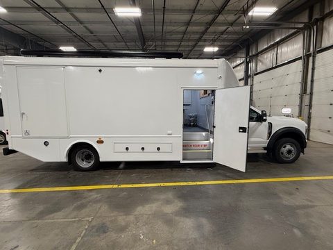 Mobile office, driver side, entry door open