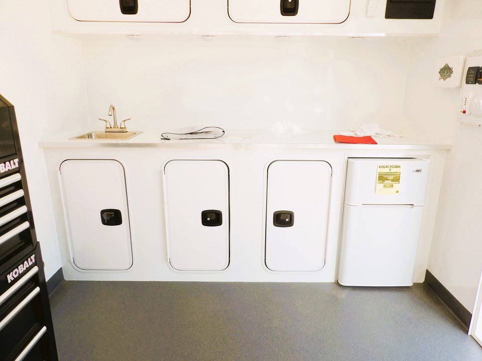Sink counter with cabinets and a refrigerator