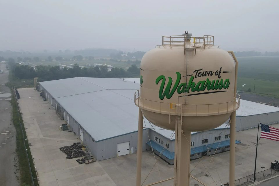 Aerial view of the HLE plant in Wakarusa, Indiana, with the town water tower