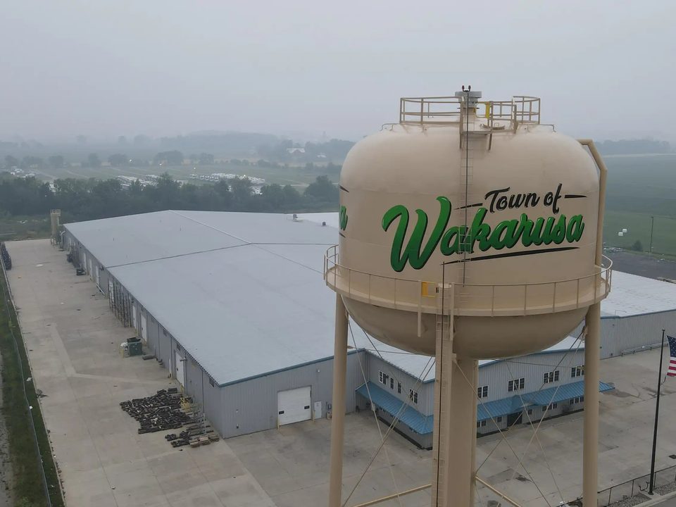 Aerial view of the HLE plant in Wakarusa, Indiana, with the town water tower