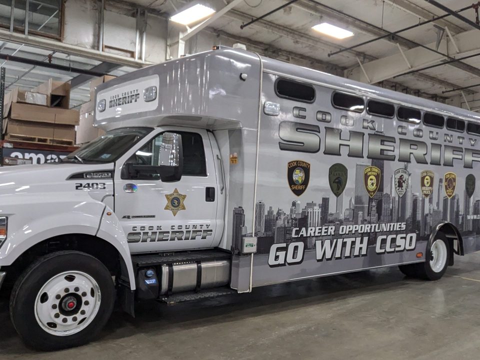 Prisoner transport vehicle on a Ford F-650, wrapped for the Cook County Sheriff